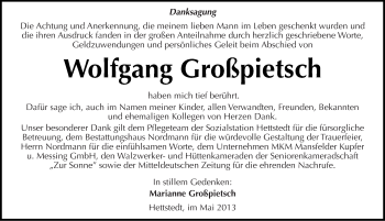 Traueranzeige von Wolfgang Großpietsch von Mitteldeutsche Zeitung Aschersleben
