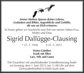 Traueranzeige von Sigrid Dallügge-Clausing von Mitteldeutsche Zeitung Halle/Saalkreis