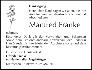 Traueranzeige von Manfred Franke von Mitteldeutsche Zeitung Zeitz
