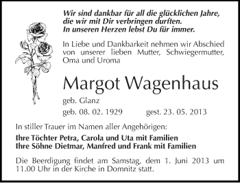 Traueranzeige von Margot Wagenhaus von Mitteldeutsche Zeitung Halle/Saalkreis