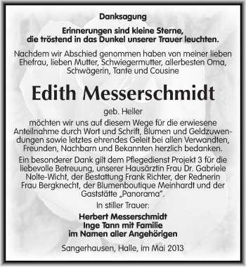 Traueranzeige von Edith Messerschmidt von Mitteldeutsche Zeitung Sangerhausen