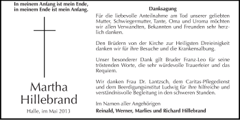 Traueranzeige von Martha Hillebrand von Mitteldeutsche Zeitung Halle/Saalkreis