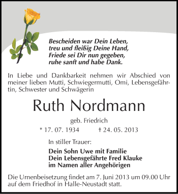 Traueranzeige von Ruth Nordmann von Mitteldeutsche Zeitung