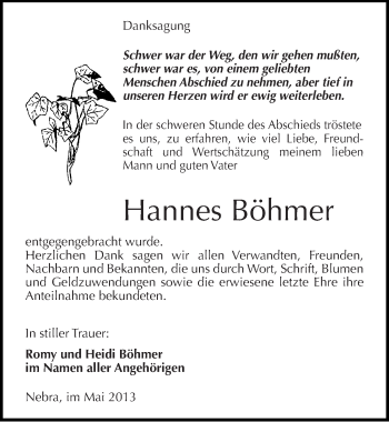 Traueranzeige von Hannes Böhmer von Mitteldeutsche Zeitung Naumburg/Nebra
