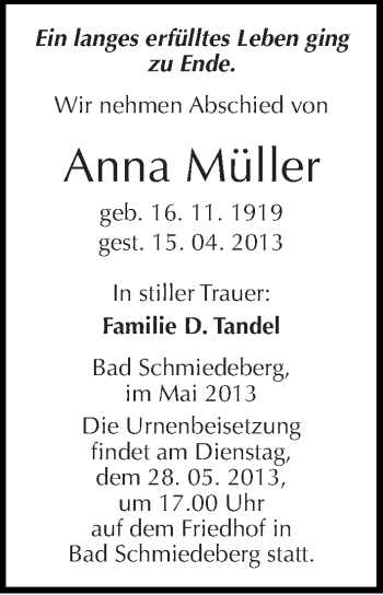 Traueranzeige von Anna Müller von Mitteldeutsche Zeitung Wittenberg