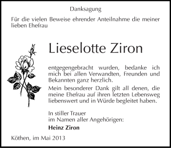 Traueranzeige von Lieselotte Ziron von Mitteldeutsche Zeitung Köthen