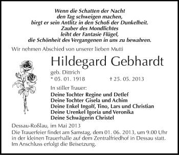 Traueranzeige von Hildegard Gebhardt von Mitteldeutsche Zeitung Dessau-Roßlau