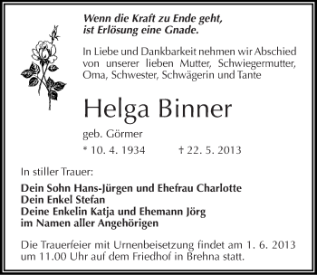 Traueranzeige von Helga Binner von Mitteldeutsche Zeitung Bitterfeld