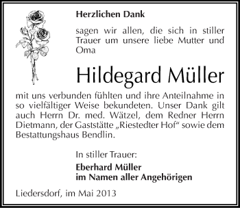 Traueranzeige von Hildegard Müller von Mitteldeutsche Zeitung Sangerhausen