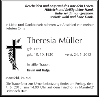 Traueranzeige von Theresia Müller von Mitteldeutsche Zeitung Aschersleben