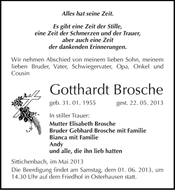 Traueranzeige von Gotthardt Brosche von Mitteldeutsche Zeitung Aschersleben