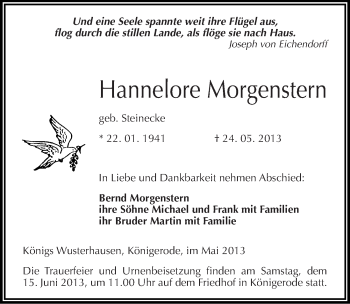 Traueranzeige von Hannelore Morgenstern von Mitteldeutsche Zeitung Quedlinburg
