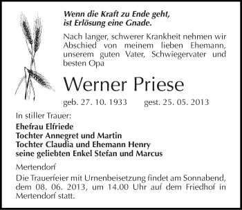 Traueranzeige von Werner Priese von Mitteldeutsche Zeitung Naumburg/Nebra