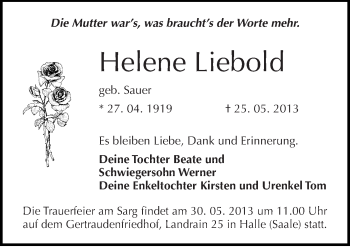 Traueranzeige von Helene Liebold von Mitteldeutsche Zeitung Halle/Saalkreis