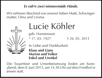 Traueranzeige von Lucie Köhler von Mitteldeutsche Zeitung Wittenberg