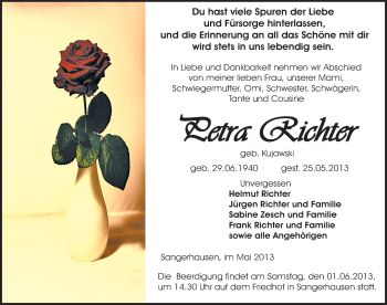 Traueranzeige von Petra Richter von Mitteldeutsche Zeitung Sangerhausen