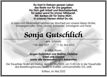 Traueranzeige von Sonja Gutschlich von Mitteldeutsche Zeitung Köthen