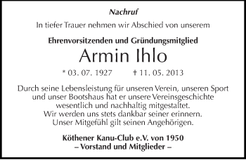 Traueranzeige von Armin Ihlo von Mitteldeutsche Zeitung Köthen
