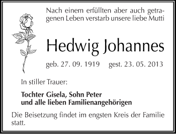 Traueranzeige von Hedwig Johannes von Mitteldeutsche Zeitung Dessau-Roßlau
