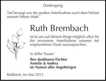 Traueranzeige von Ruth Brembach von Mitteldeutsche Zeitung Naumburg/Nebra