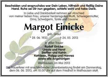 Traueranzeige von Margot Einicke von Mitteldeutsche Zeitung Sangerhausen