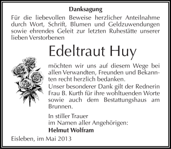 Traueranzeige von Edeltraut Huy von Mitteldeutsche Zeitung Aschersleben
