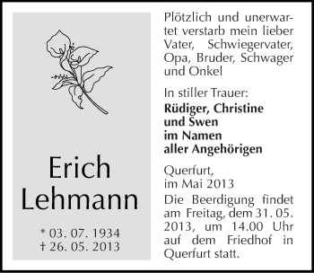 Traueranzeige von Erich Lehmann von Mitteldeutsche Zeitung Merseburg/Querfurt