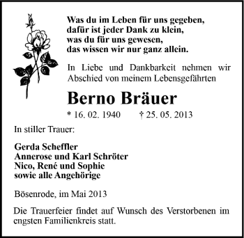 Traueranzeige von Berno Bräuer von Mitteldeutsche Zeitung Sangerhausen