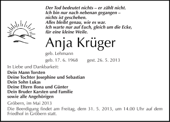 Traueranzeige von Anja Krüger von Mitteldeutsche Zeitung