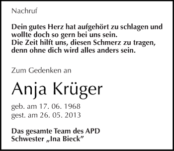 Traueranzeige von Anja Krüger von Mitteldeutsche Zeitung Wittenberg
