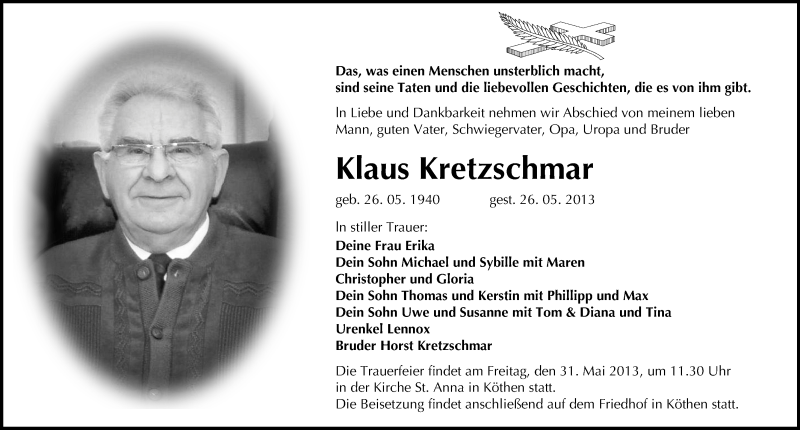  Traueranzeige für Klaus Kretzschmar vom 29.05.2013 aus Mitteldeutsche Zeitung Köthen
