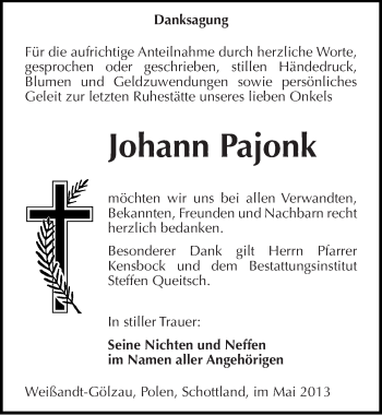 Traueranzeige von Johann Pajonk von Mitteldeutsche Zeitung Köthen