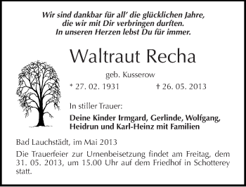 Traueranzeige von Waltraut Recha von Mitteldeutsche Zeitung Merseburg/Querfurt