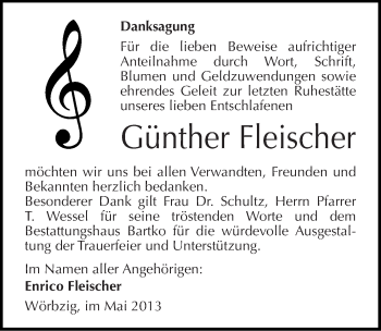 Traueranzeige von Günther Fleischer von Mitteldeutsche Zeitung Köthen