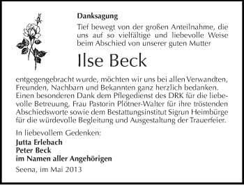 Traueranzeige von Ilse Beck von Mitteldeutsche Zeitung Naumburg/Nebra