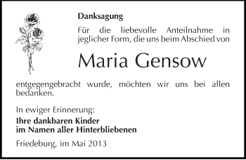 Traueranzeige von Maria Gensow von Mitteldeutsche Zeitung Aschersleben