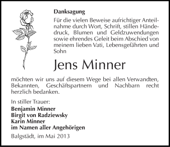 Traueranzeige von Jens Minner von Mitteldeutsche Zeitung Naumburg/Nebra