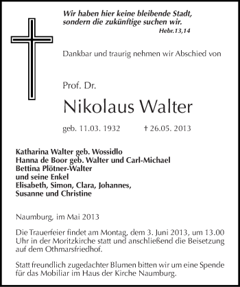 Traueranzeige von Nikolaus Walter von Mitteldeutsche Zeitung Naumburg/Nebra
