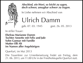 Traueranzeige von Ulrich Damm von Mitteldeutsche Zeitung Merseburg/Querfurt