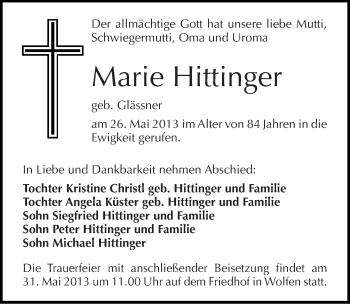 Traueranzeige von Marie Hittinger von Mitteldeutsche Zeitung Bitterfeld