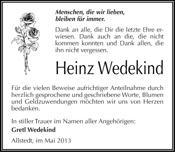 Traueranzeige von Heinz Wedekind von Mitteldeutsche Zeitung Sangerhausen