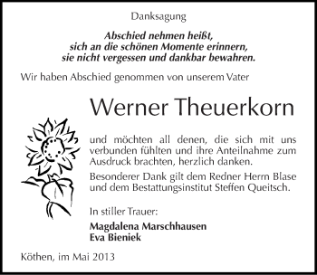 Traueranzeige von Werner Theuerkorn von Mitteldeutsche Zeitung Köthen