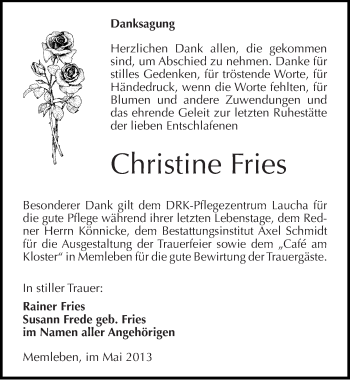 Traueranzeige von Christine Fries von Mitteldeutsche Zeitung Naumburg/Nebra