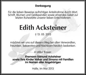 Traueranzeige von Edith Acksteiner von Mitteldeutsche Zeitung Halle/Saalkreis