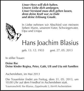 Traueranzeige von Hans Joachim Blasius von Mitteldeutsche Zeitung Aschersleben
