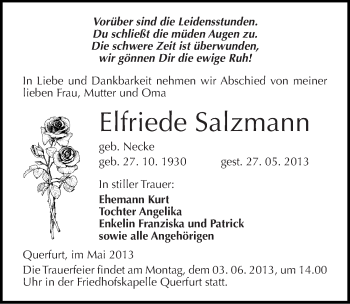 Traueranzeige von Elfriede Salzmann von Mitteldeutsche Zeitung Merseburg/Querfurt