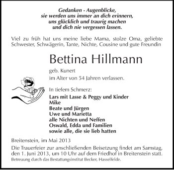 Traueranzeige von Bettina Hillmann von Mitteldeutsche Zeitung Sangerhausen