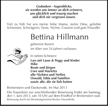 Traueranzeige von Bettina Hillmann von Mitteldeutsche Zeitung Quedlinburg