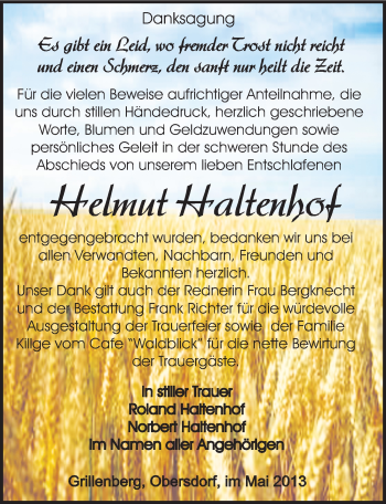 Traueranzeige von Helmut Haltenhof von Mitteldeutsche Zeitung Sangerhausen