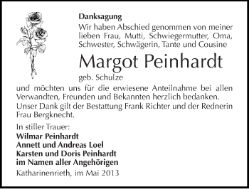 Traueranzeige von Margot Peinhardt von Mitteldeutsche Zeitung Sangerhausen